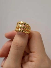 Uworld 1入圓形裝飾袖扣開放式戒指,防水18k金鍍銀不銹鋼珠鍊戒指,適合女性日常佩戴 - 金黃色 - 查看 3