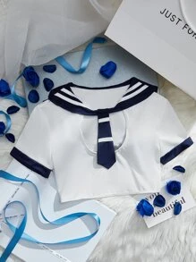 Sailor Collar Color Block Tie Front Costume Top - White - View 2
