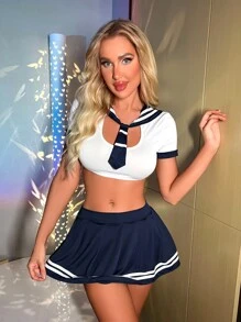 Sailor Collar Color Block Tie Front Costume Top - White - View 1