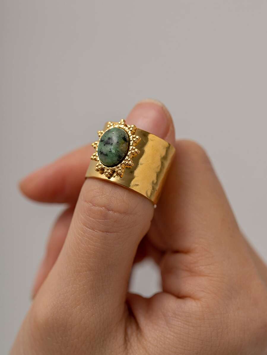 1個太陽幾何圖案18k鍍金鑲嵌天然非洲綠松石開口不鏽鋼指環,適用於女性日常佩戴 - 彩色 - 查看 1