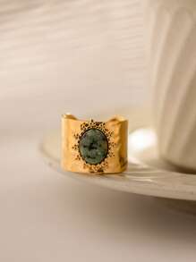 1個太陽幾何圖案18k鍍金鑲嵌天然非洲綠松石開口不鏽鋼指環,適用於女性日常佩戴 - 彩色 - 查看 2