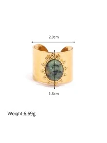 1個太陽幾何圖案18k鍍金鑲嵌天然非洲綠松石開口不鏽鋼指環,適用於女性日常佩戴 - 彩色 - 查看 3