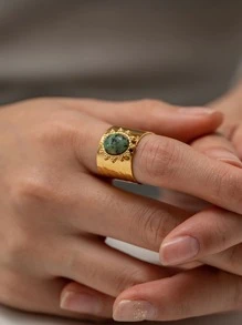 1個太陽幾何圖案18k鍍金鑲嵌天然非洲綠松石開口不鏽鋼指環,適用於女性日常佩戴 - 彩色 - 查看 5