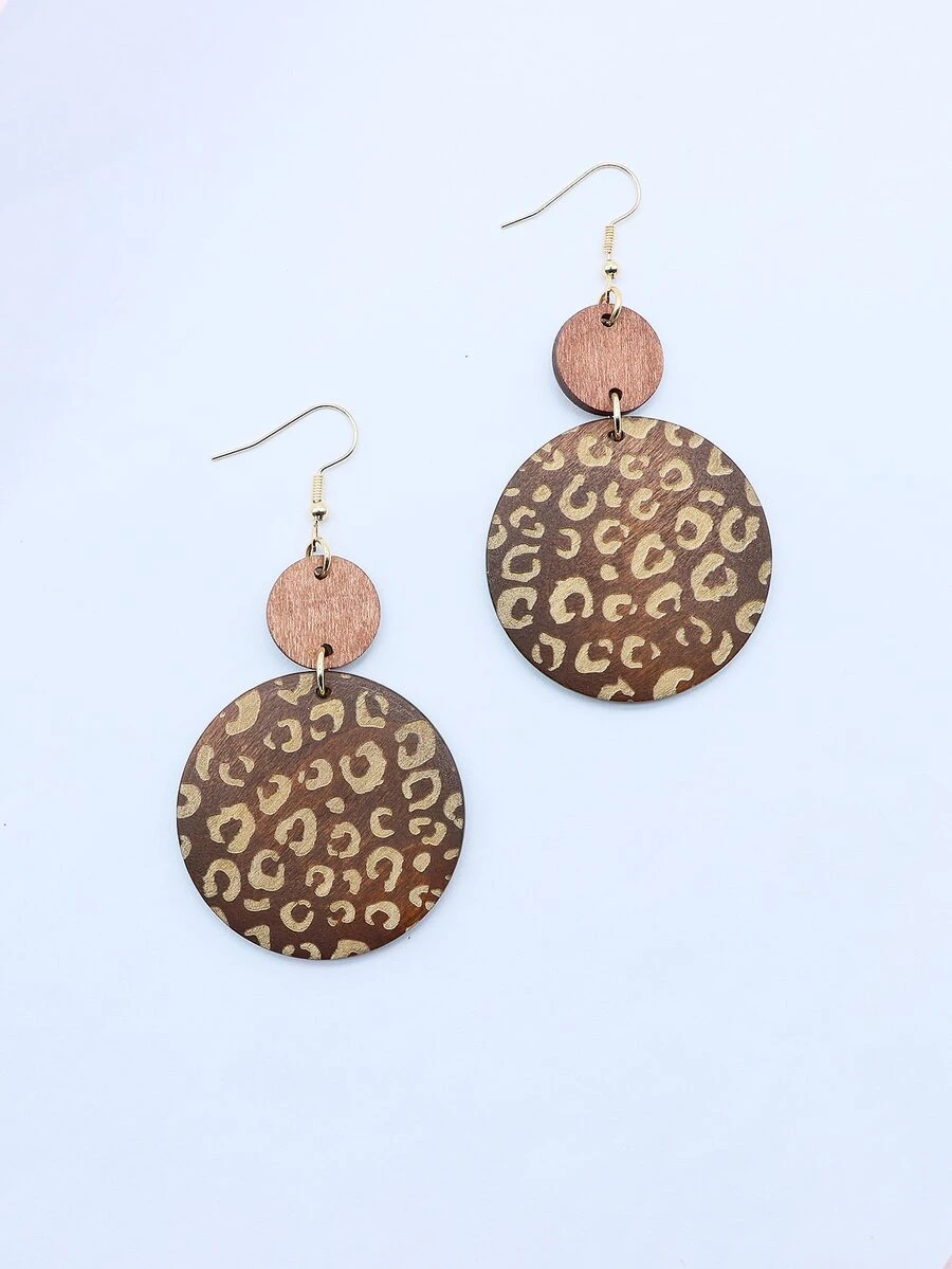 1對復古木頭豹紋圖案圓形耳墜適合女士日常裝飾 - 棕色 - 查看 1