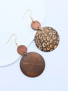 1對復古木頭豹紋圖案圓形耳墜適合女士日常裝飾 - 棕色 - 查看 2