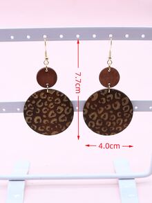 1對復古木頭豹紋圖案圓形耳墜適合女士日常裝飾 - 棕色 - 查看 3