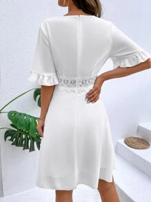 Breezaya Guipure Lace Panel Flounce Sleeve Dress - White - View 2