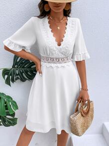 Breezaya Guipure Lace Panel Flounce Sleeve Dress - White - View 3