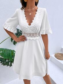 Breezaya Guipure Lace Panel Flounce Sleeve Dress - White - View 5