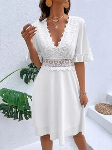Breezaya Guipure Lace Panel Flounce Sleeve Dress - White - View 6