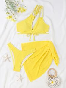 純色一字肩夏季沙灘比基尼套裝，附沙灘裙 - 黃色 - 查看 6