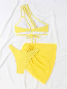 純色一字肩夏季沙灘比基尼套裝，附沙灘裙 - 黃色 - 查看 7