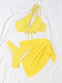 純色一字肩夏季沙灘比基尼套裝，附沙灘裙 - 黃色 - 查看 8