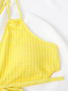 純色一字肩夏季沙灘比基尼套裝，附沙灘裙 - 黃色 - 查看 4