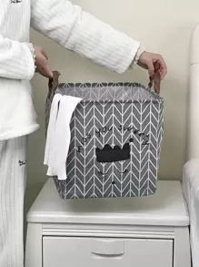 1入組幾何和標語圖案可折疊洗衣籃 - 灰色 - 查看 2