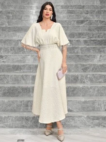 Modelyn 提花流苏边蝙蝠袖连衣裙长款晚礼服 - 米色 - 查看 2