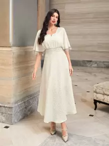 Modelyn 提花流苏边蝙蝠袖连衣裙长款晚礼服 - 米色 - 查看 6