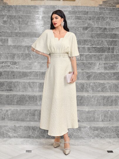 Modelyn Vestido largo de noche con mangas de murciélago, con ribete de flecos jacquard