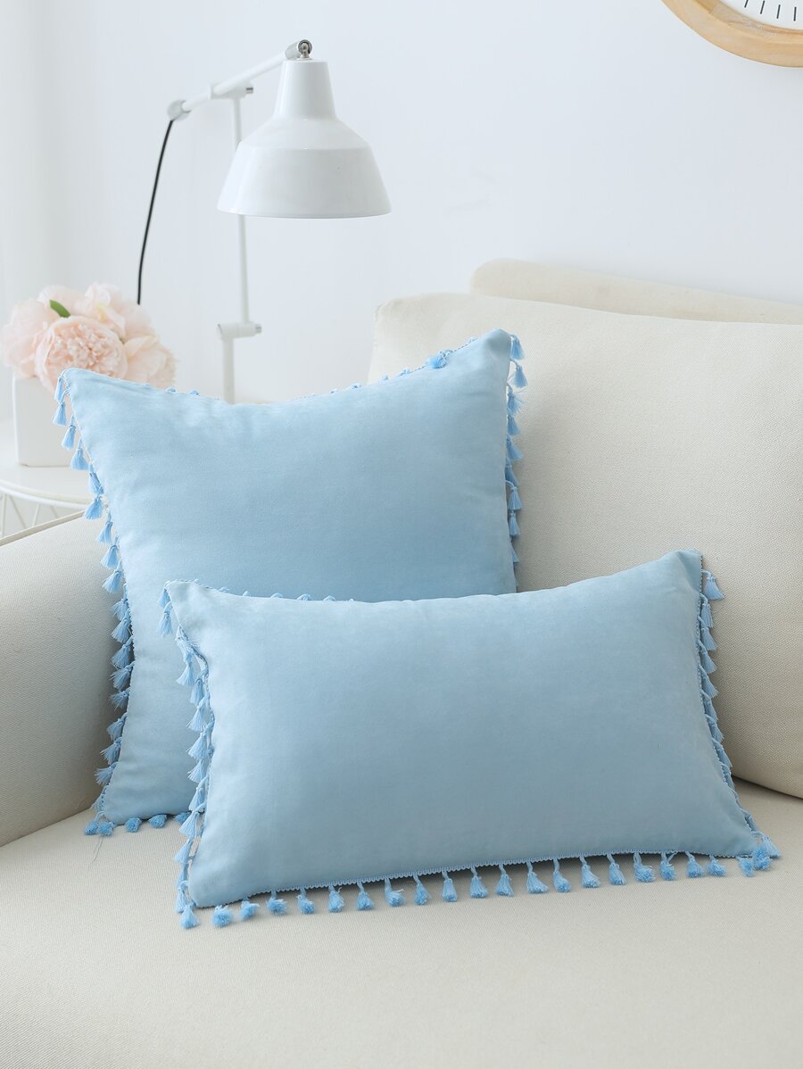 1 pieza Funda de cojín sin relleno ribete con fleco - Celeste - Ver 1