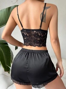 Contrast Lace Cut Out Satin Cami PJ Set - Black - View 2