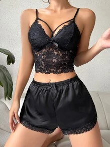 Contrast Lace Cut Out Satin Cami PJ Set - Black - View 4