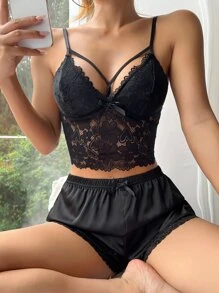 Contrast Lace Cut Out Satin Cami PJ Set - Black - View 5