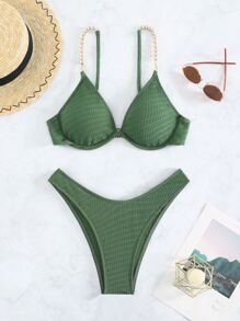Chain Linked Underwire Summer Beach Bikini Set - Green - View 1