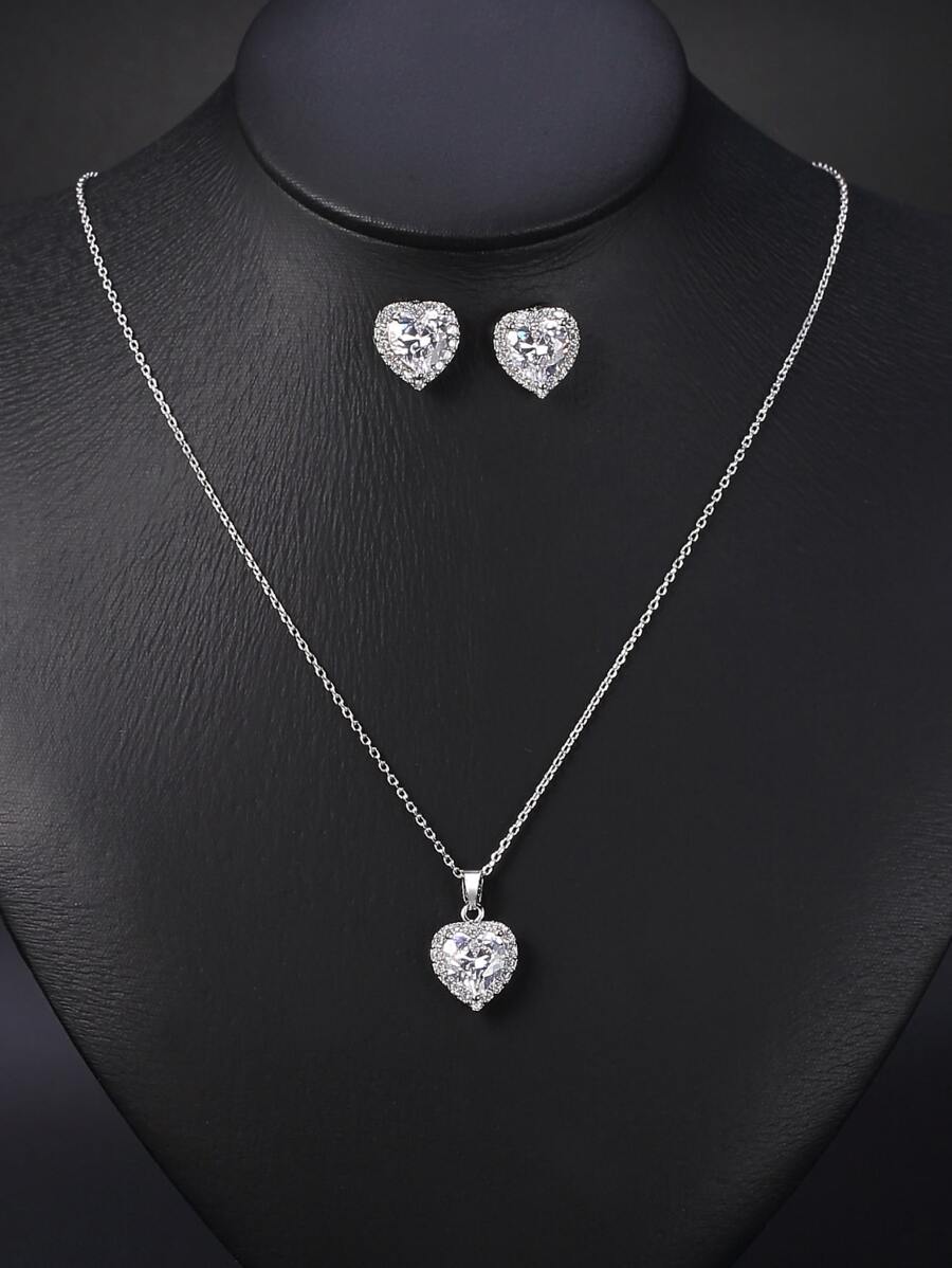 3pcs/set Cubic Zirconia Heart Decor Jewelry Set - Silver - View 1