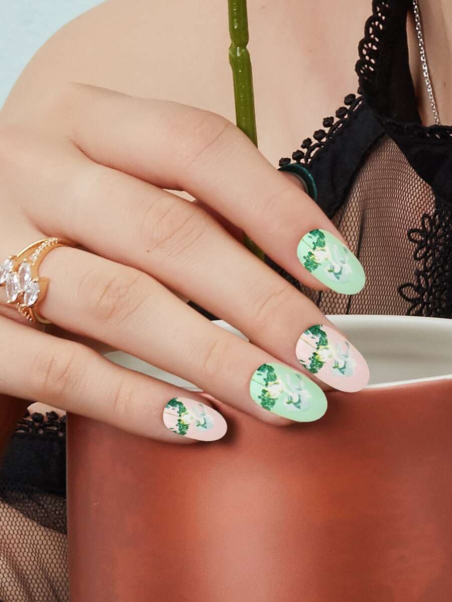 JOYME 24pcs Short Oval Fake Nail & 1sheet Tape & 1pc Nail File - Multicolor - View 1