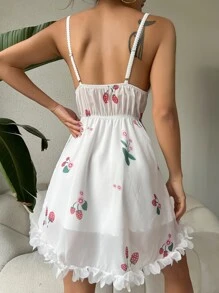 CottageSlumber Strawberry & Floral Print Ruffle Hem Chiffon Slip Pajama Night Dress Perfect For Summer - White - View 2