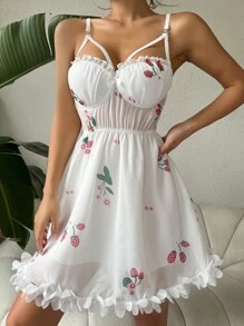 CottageSlumber Strawberry & Floral Print Ruffle Hem Chiffon Slip Pajama Night Dress Perfect For Summer - White - View 4