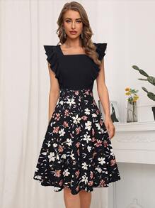 Đầm Xù Dây kéo Hoa Thanh lịch - màu đen - Xem 1