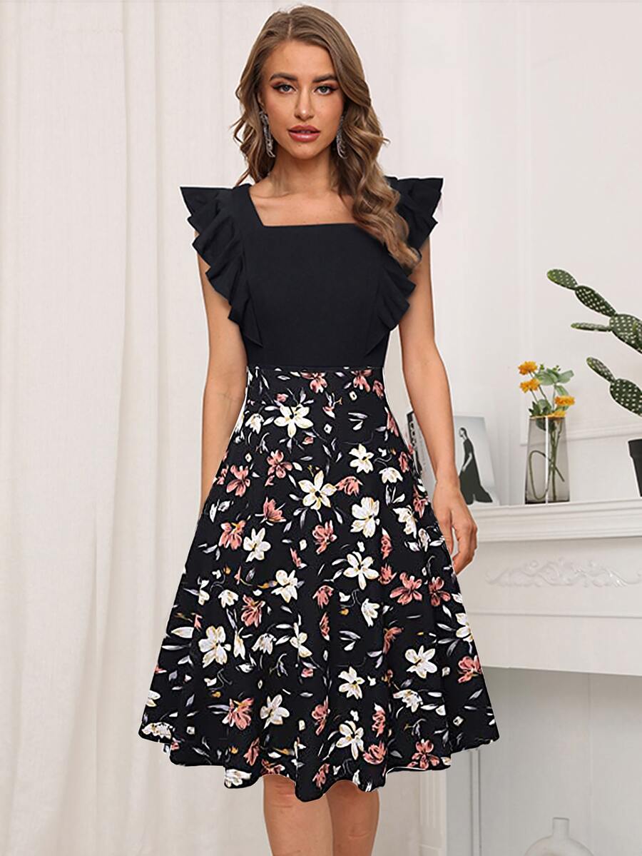 Đầm Xù Dây kéo Hoa Thanh lịch - màu đen - Xem 1