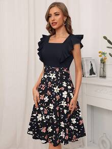 Đầm Xù Dây kéo Hoa Thanh lịch - màu đen - Xem 3