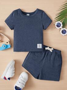 SHEIN Leap Crew Baby Boy Letter Patched Detail Tee & Tie Front Shorts - Navy Blue - View 1