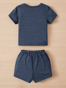 SHEIN Leap Crew Baby Boy Letter Patched Detail Tee & Tie Front Shorts - Navy Blue - View 2