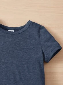 SHEIN Leap Crew Baby Boy Letter Patched Detail Tee & Tie Front Shorts - Navy Blue - View 4