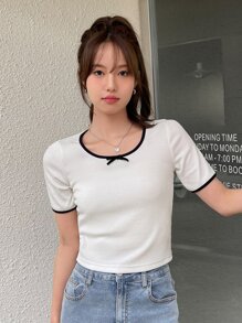 DAZY Contrast Binding Bow Front Tee,Crop Tops Women - White - View 1