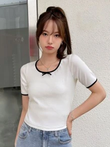 DAZY Contrast Binding Bow Front Tee,Crop Tops Women - White - View 7