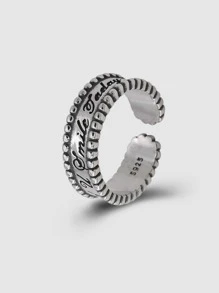 Letter Detail Silver Cuff Ring - Antique Silver - View 1