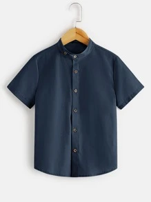 SHEIN Áo sơ mi Trai Nút phía trước màu trơn Giải trí - Màu xanh hải quân - Xem 1