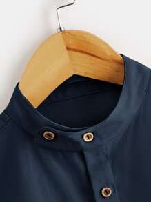 SHEIN Áo sơ mi Trai Nút phía trước màu trơn Giải trí - Màu xanh hải quân - Xem 3