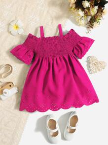 SHEIN Đầm em bé Dải chun Cắt ra viền lá sen Sò điệp màu trơn - Màu Hồng Tươi - Xem 1