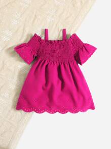 SHEIN Đầm em bé Dải chun Cắt ra viền lá sen Sò điệp màu trơn - Màu Hồng Tươi - Xem 2