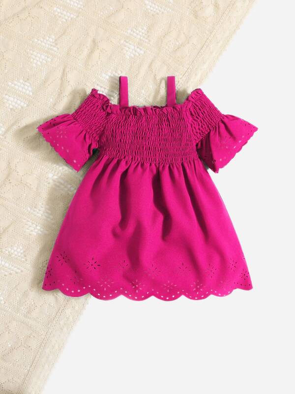 SHEIN Baby Laser Cut Shirred Cold Shoulder Scallop Trim Dress SHEIN USA
