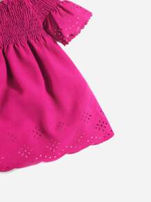 SHEIN Đầm em bé Dải chun Cắt ra viền lá sen Sò điệp màu trơn - Màu Hồng Tươi - Xem 3