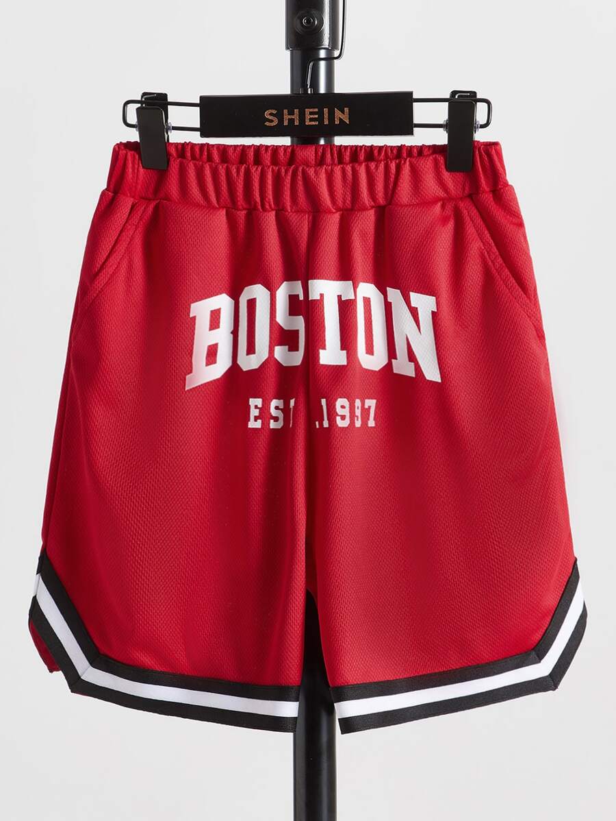 SHEIN 男孩字母圖案織帶拼接短褲