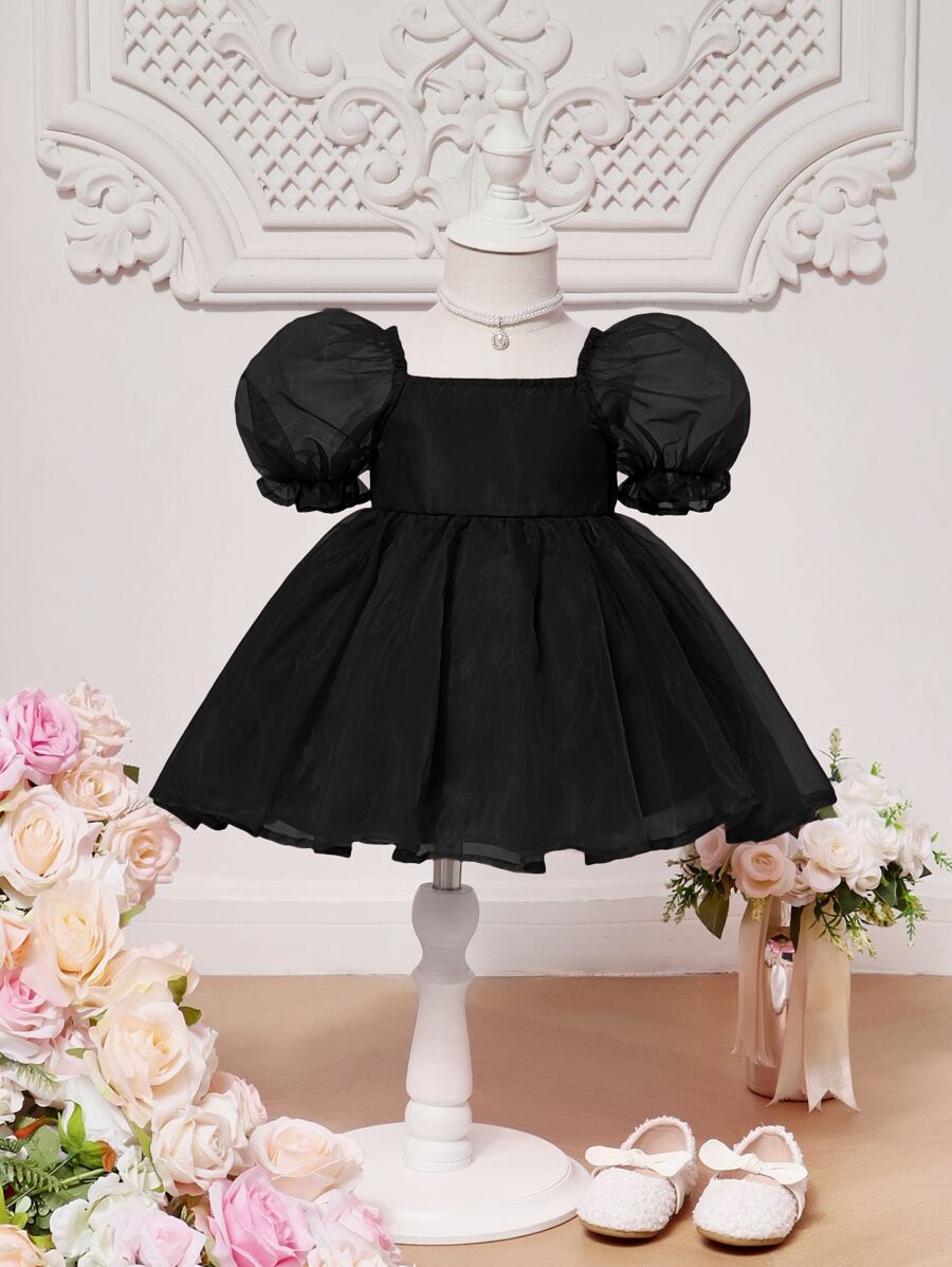 SHEIN Baby Girl Mesh Overlay Bubble Sleeve Dress - Comfortable, Lovely And Sweet, Suitable For Summer