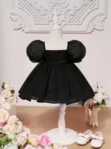 SHEIN Baby Girl Mesh Overlay Bubble Sleeve Dress - Comfortable, Lovely And Sweet, Suitable For Summer