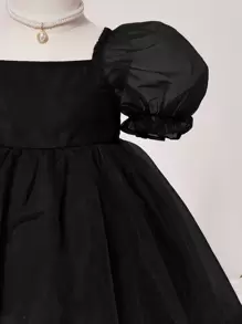 SHEIN Baby Girl Mesh Overlay Bubble Sleeve Dress - Comfortable, Lovely And Sweet, Suitable For Summer